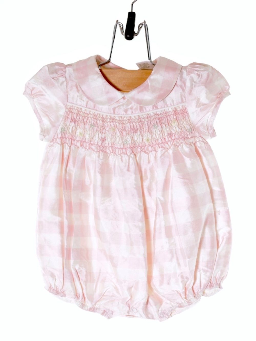 NWT Janie & Jack 100% Silk Pink Gingham Smocked Romper Baby Girl 0 to 3 Mos RARE